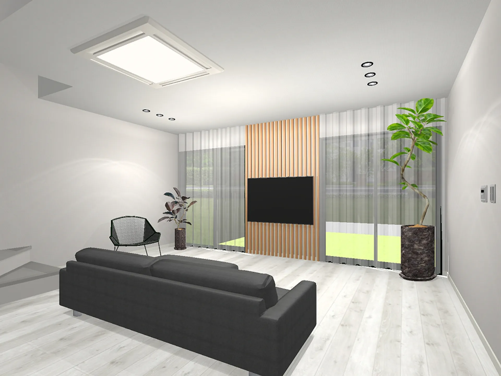 シンプルモダンなリビングの3Dパース。テレビ背面のルーバー壁と大きな窓が印象的な空間。