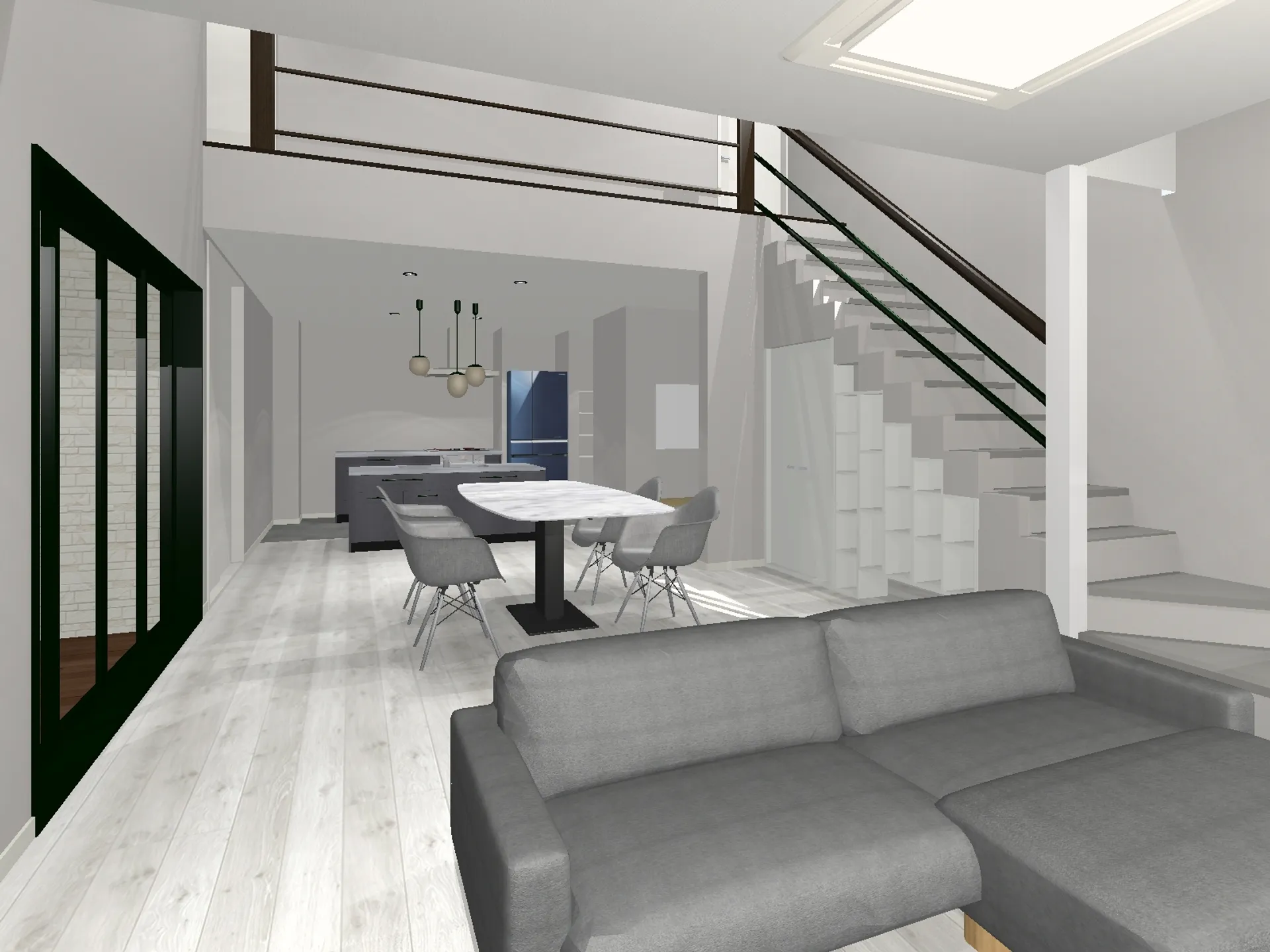 吹き抜けと階段のあるリビングダイニングの3Dパース。白とグレーを基調としたミニマルな内装。